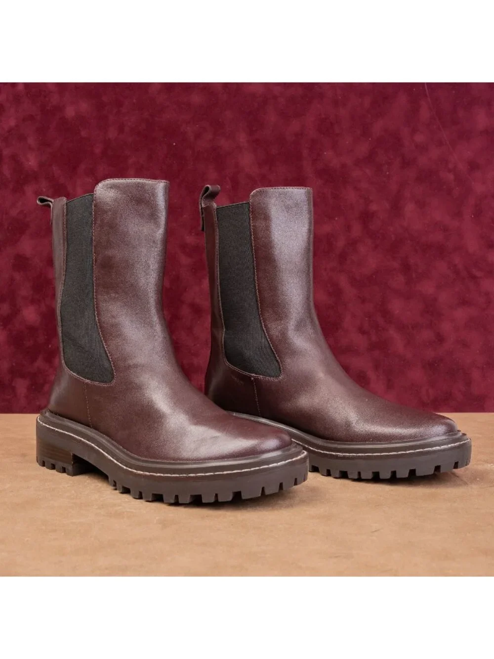 Tory Burch Women Benton Chelsea Fashion Burgundy Leather Lug Ankle Boots sz 8